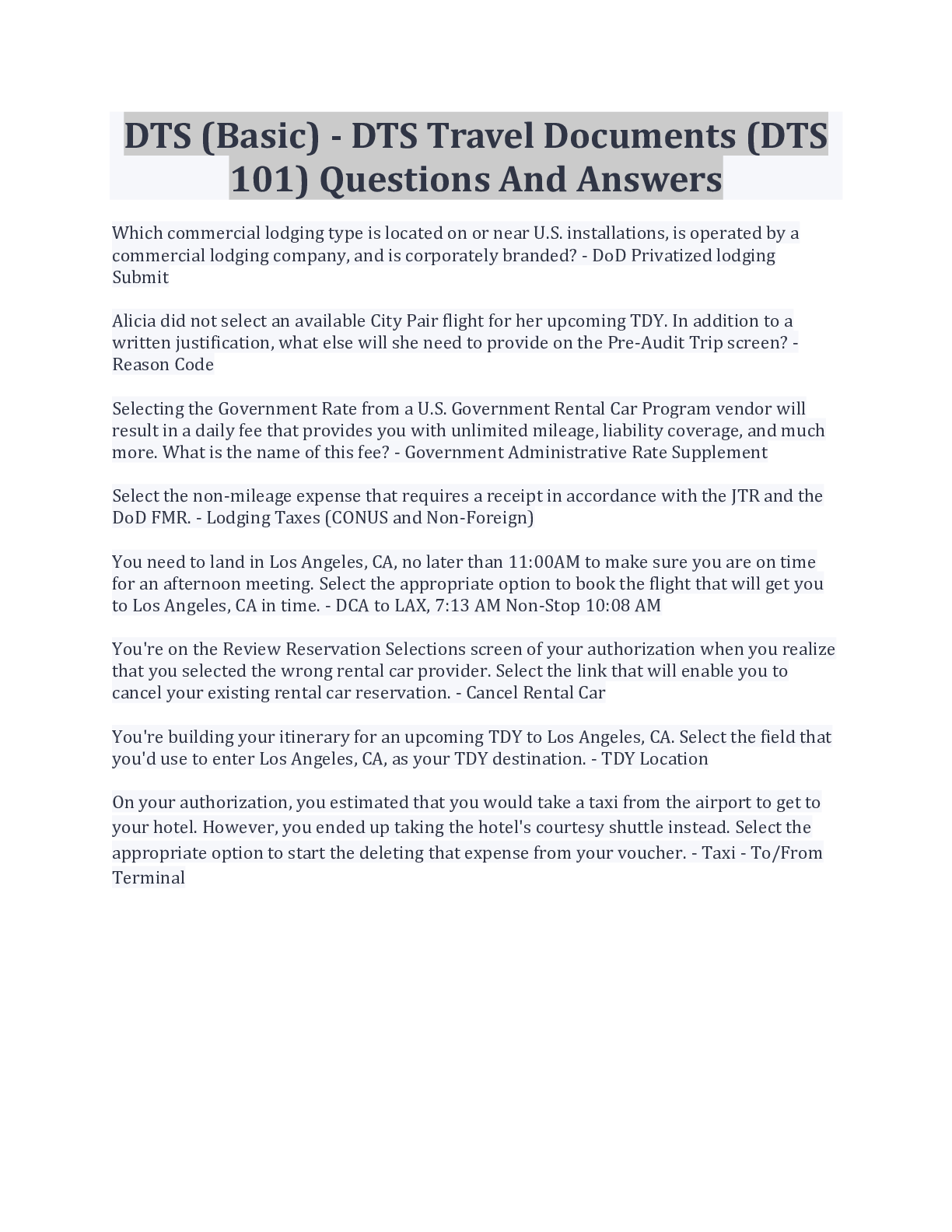Preview of DTS (Basic) - DTS Travel Documents (DTS 101) Questions And Answers